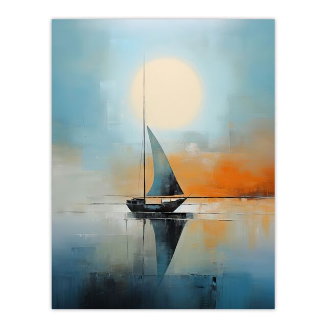 Artery8 Seascape Modern Abstract Sailboat Boat Artwork Calm Elegant Blue On Orange Unframed Wall Art Print Poster Home Decor Premium - image 1