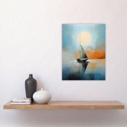 Artery8 Seascape Modern Abstract Sailboat Boat Artwork Calm Elegant Blue On Orange Unframed Wall Art Print Poster Home Decor Premium - thumbnail 4