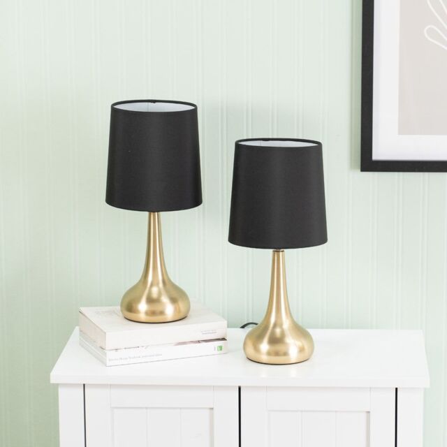 ValueLights Teardrop Pair Fabric Shades Brushed Gold Touch Table Lamps with Bulbs in Black - image 1