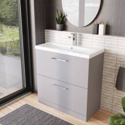 Balterley Contemporary Bathroom Floor Standing 2 Drawer Vanity Unit & Mid-Edge Ceramic Basin, Satin Grey, 800 mm in Grey - thumbnail 4