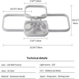 EONLION 60W Modern LED Ceiling Light Cold White Square Metal Chandelier - thumbnail 2