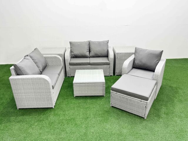Fimous High Back Poly Rattan Garden Furniture Set w/ Reclining Chair Loveseat Sofa Square Coffee Table Indoor Outdoor Patio Set Big Stool 2 Side - image 1