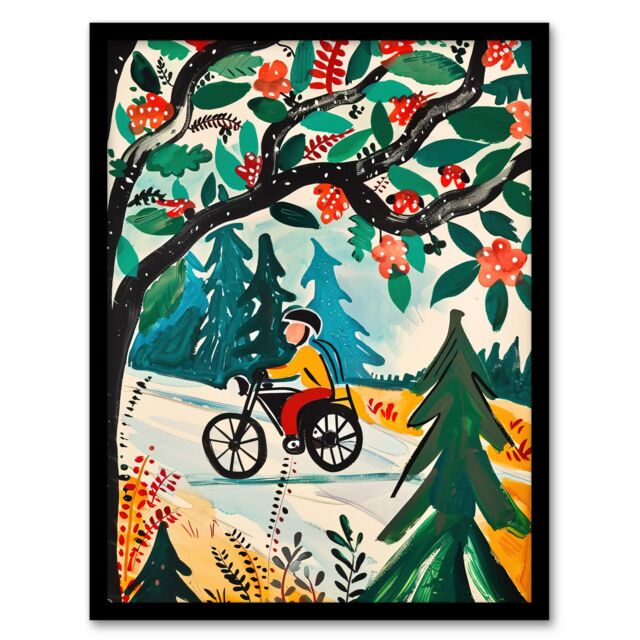 "Artery8 Man on Bike Mountains Simple Painting Colourful Framed Art Print in Green - Size: W12"" x H16""" - image 1