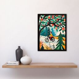 "Artery8 Man on Bike Mountains Simple Painting Colourful Framed Art Print in Green - Size: W12"" x H16""" - thumbnail 4