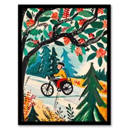 "Artery8 Man on Bike Mountains Simple Painting Colourful Framed Art Print in Green - Size: W12"" x H16""" - thumbnail 1