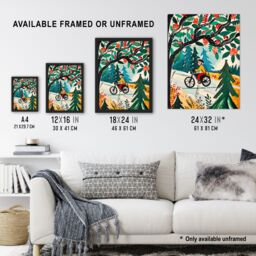 "Artery8 Man on Bike Mountains Simple Painting Colourful Framed Art Print in Green - Size: W12"" x H16""" - thumbnail 3