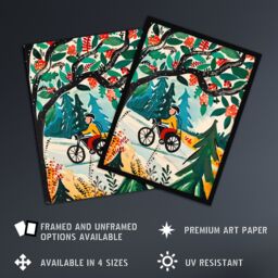 "Artery8 Man on Bike Mountains Simple Painting Colourful Framed Art Print in Green - Size: W12"" x H16""" - thumbnail 2