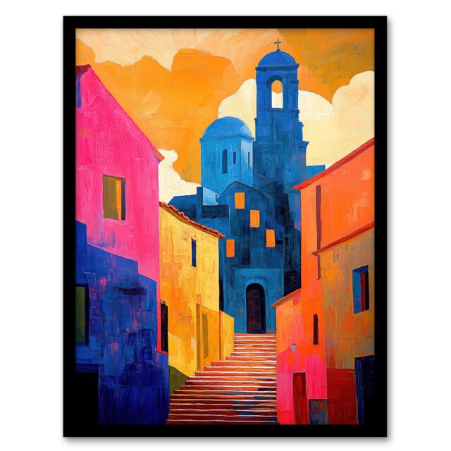 "Artery8 Italian Church Cityscape Colourful Abstract Framed Art Print in Orange - Size: W12"" x H16""" - image 1