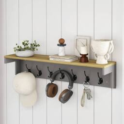 Levede Coat Rack Wall Mounted Shelf 7 Double Hooks Storage Entryway Hallway in Grey - thumbnail 3