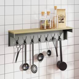 Levede Coat Rack Wall Mounted Shelf 7 Double Hooks Storage Entryway Hallway in Grey - thumbnail 2