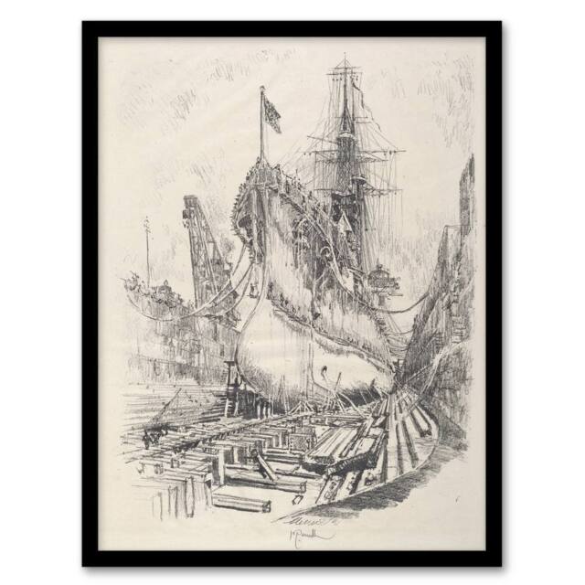 Artery8 Joseph Pennell Large Warship In the Dry Dock Framed Wall Art Print in Grey - Size: A4 - image 1