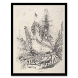 Artery8 Joseph Pennell Large Warship In the Dry Dock Framed Wall Art Print in Grey - Size: A4 - thumbnail 1