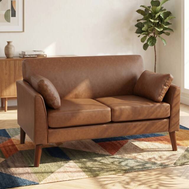 HOMCOM 2 Seater Sofa, 132 cm Modern Small Sofa with Solid Wood Legs, Brown - image 1