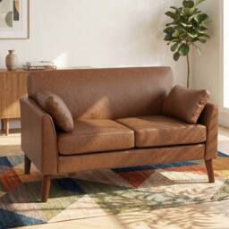 HOMCOM 2 Seater Sofa, 132 cm Modern Small Sofa with Solid Wood Legs, Brown