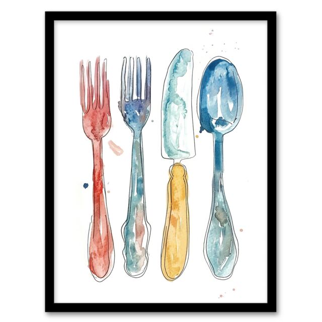 "Artery8 Cutlery Fork Knife Spoon Bright Happy Watercolour Framed Art Print in Grey - Size: W12"" x H16""" - image 1