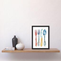 "Artery8 Cutlery Fork Knife Spoon Bright Happy Watercolour Framed Art Print in Grey - Size: W12"" x H16""" - thumbnail 4