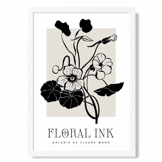 ARTZE Black & Beige Nasturtium Flowers Floral Ink Sketch Framed Print SIZE: A3 with White Frame - Size: A4 - image 1