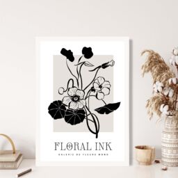 ARTZE Black & Beige Nasturtium Flowers Floral Ink Sketch Framed Print SIZE: A3 with White Frame - Size: A4 - thumbnail 2