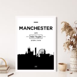 ARTZE Manchester Black & White City Skyline Framed Print SIZE: A3 with White Frame - Size: A4 - thumbnail 2