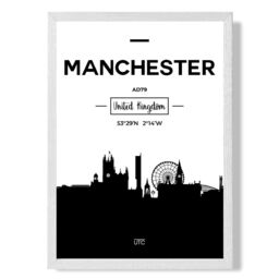 ARTZE Manchester Black & White City Skyline Framed Print SIZE: A3 with White Frame - Size: A4 - thumbnail 1