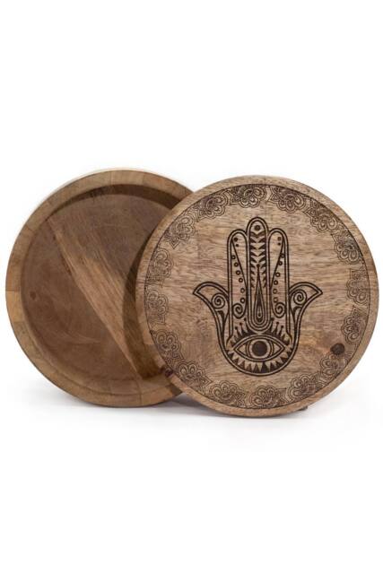 KDMD Big Round Black Engraved Box 17.5x7.5cm with Hamsa Motif in Brown - Size: 17.5x7.5 cm - image 1
