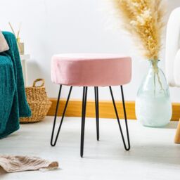 Harbour Housewares Round Velvet Footstool - H40 x D35cm - Black Hairpin Legs in Pink - thumbnail 2