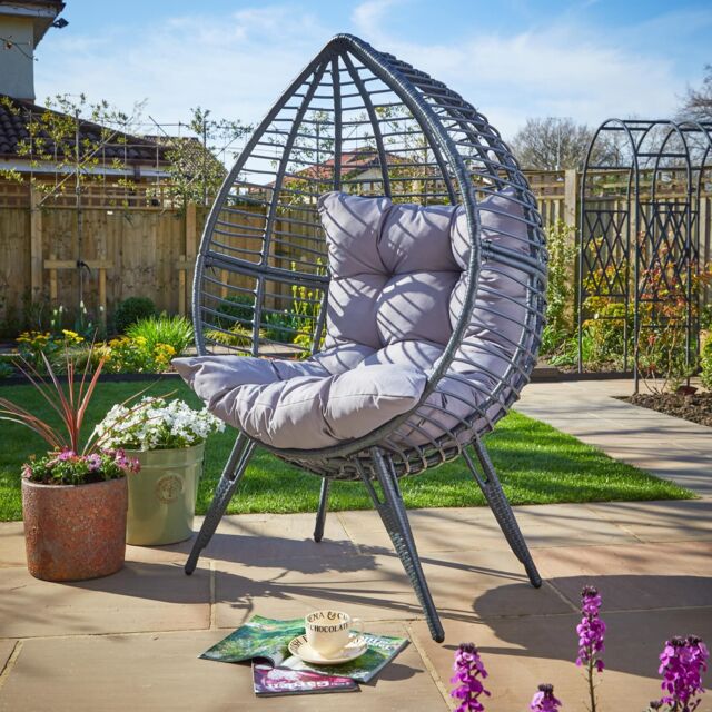 Home Source Egg Chair Rattan Grey Waterproof Cushion Outdoor Home Seat in Dark Grey - image 1
