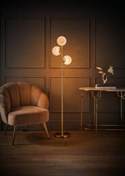 ValueLights Jas Gold Floor Lamp with 3 Way White Confetti Glass Globe Shades - thumbnail 2