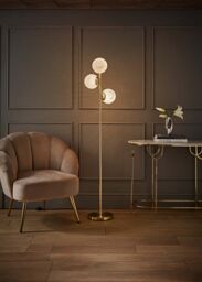 ValueLights Jas Gold Floor Lamp with 3 Way White Confetti Glass Globe Shades - thumbnail 1