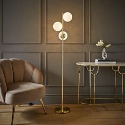 Jas Gold Floor Lamp with 3 Way White Confetti Glass Globe Shades