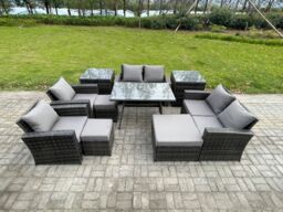 Fimous Garden Furniture Sets 10 Pieces Wicker Rattan Furniture Manual Wicker Patio Sofa Patio Conversation Set with 3 Footstools in Dark Grey - thumbnail 2
