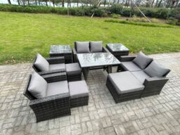 Fimous Garden Furniture Sets 10 Pieces Wicker Rattan Furniture Manual Wicker Patio Sofa Patio Conversation Set with 3 Footstools in Dark Grey - thumbnail 1