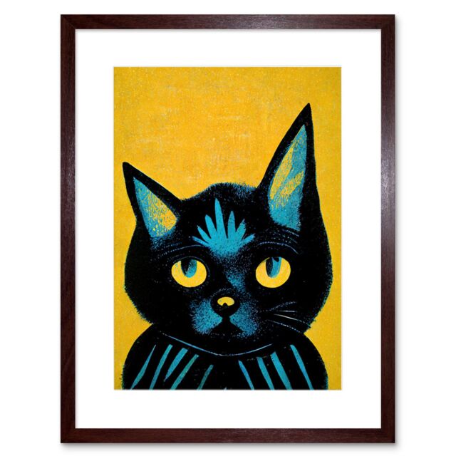 "Artery8 Wall Art Print Quirky Bold Black Cat Yellow Blue Artwork Framed 9X7 Inch in Brown - Size: W7"" x H9""" - image 1