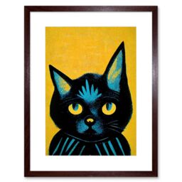 "Artery8 Wall Art Print Quirky Bold Black Cat Yellow Blue Artwork Framed 9X7 Inch in Brown - Size: W7"" x H9""" - thumbnail 1