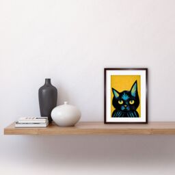 "Artery8 Wall Art Print Quirky Bold Black Cat Yellow Blue Artwork Framed 9X7 Inch in Brown - Size: W7"" x H9""" - thumbnail 2