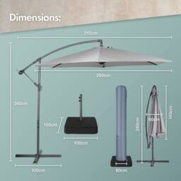 VonHaus Grey 3M Cantilever Banana Parasol with Base & Cover Set in Light Grey - thumbnail 8