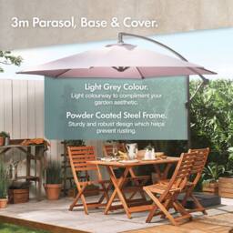 VonHaus Grey 3M Cantilever Banana Parasol with Base & Cover Set in Light Grey - thumbnail 2