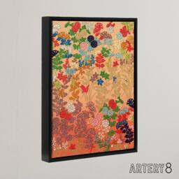 "Artery8 Floral Japanese Fan Pattern G A Audsley Vintage Framed Canvas Wall Art in Pink - Size: W24"" x H32""" - thumbnail 2