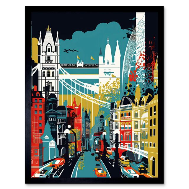 "Artery8 Wall Art Print London Iconic Landmarks Modern Abstract Cityscape Art Framed in Black - Size: W12"" x H16""" - image 1