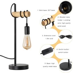 Pheashine Industrial Wood & Metal Table Lamp, E27 Black Desk Light, Bulb Not - thumbnail 6