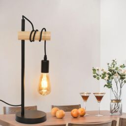 Pheashine Industrial Wood & Metal Table Lamp, E27 Black Desk Light, Bulb Not - thumbnail 1