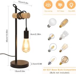 Pheashine Industrial Wood & Metal Table Lamp, E27 Black Desk Light, Bulb Not - thumbnail 5