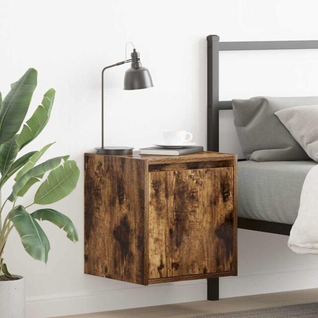 Berkfield Home Wall-Mounted Bedside Cabinet Smoked Oak 38x34x40 cm in Brown - Size: 38 x 34 x 40 cm - image 1