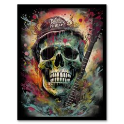Artery8 Wall Art Print Hillbilly Music Artwork Rockabilly Country Metal Skull With Electric Guitar Vibrant Painting Art Framed - Size: A4 - thumbnail 1