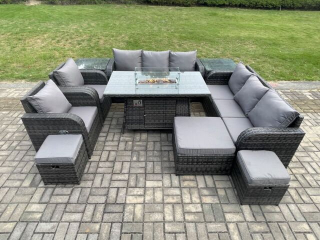 Fimous Wicker Rattan Garden Furniture Set Gas Fire Pit Dining Table Indoor Outdoor with 2 Side Tables Chair Loveseat Sofa in Dark Grey - image 1