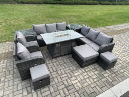 Fimous Wicker Rattan Garden Furniture Set Gas Fire Pit Dining Table Indoor Outdoor with 2 Side Tables Chair Loveseat Sofa in Dark Grey - thumbnail 3