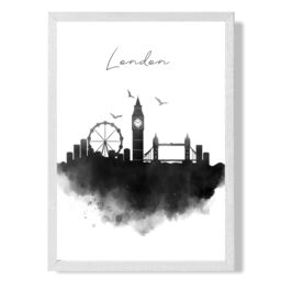 ARTZE London Watercolour Skyline City Framed Print SIZE: A3 with White Frame in Black - thumbnail 1