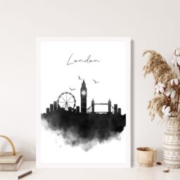 ARTZE London Watercolour Skyline City Framed Print SIZE: A3 with White Frame in Black - thumbnail 2