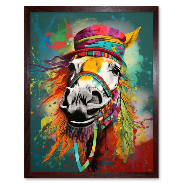 "Artery8 Wall Art Print Hippie Horse with Multicoloured Hat & Bridles Art Framed in Brown - Size: W12"" x H16""" - image 1