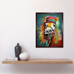 "Artery8 Wall Art Print Hippie Horse with Multicoloured Hat & Bridles Art Framed in Brown - Size: W12"" x H16""" - thumbnail 2